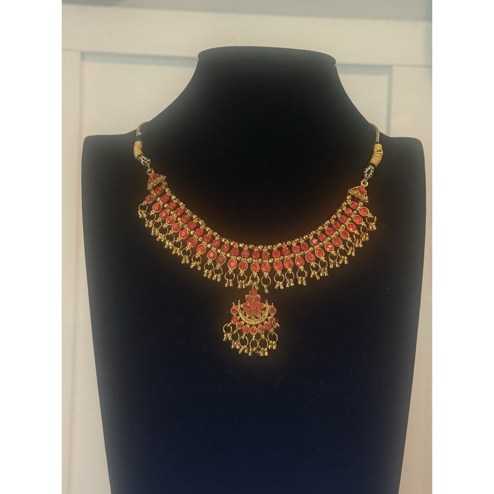 Bollywood Red Rhinestone Necklace & Earrings Set Gold Tone Choker Statement - Picture 2 of 2